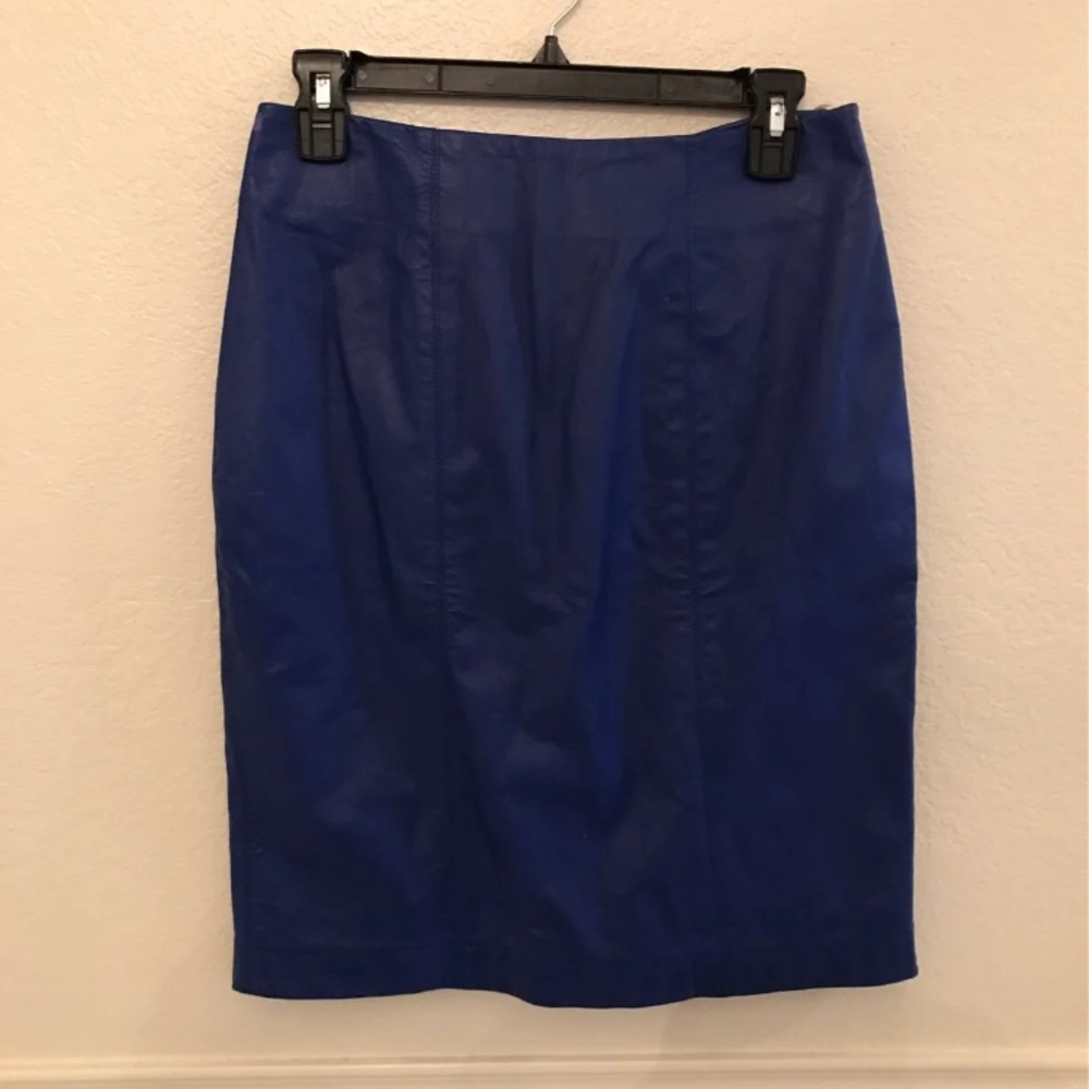 Blue leather pencil skirt
